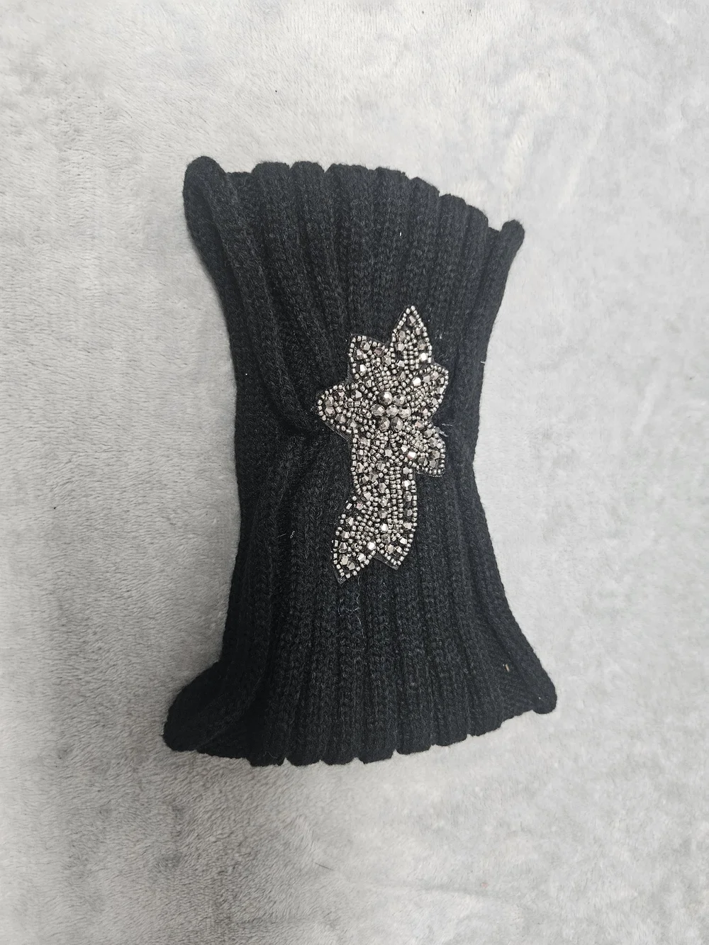 Ardene Black Ribbed Knit Head Warmer with Crystal Flower Accent